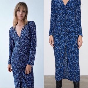 ZARA Floral V-Neck Front Slit Midi Dress